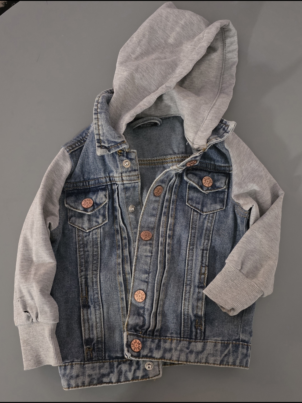 Little Bipsy Blue Denim Jacket with Gray Hoodie 12-18mois